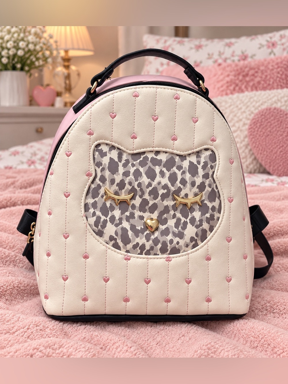 Betsey Johnson Cream and Pink Cat-Applique Quilted Backpack